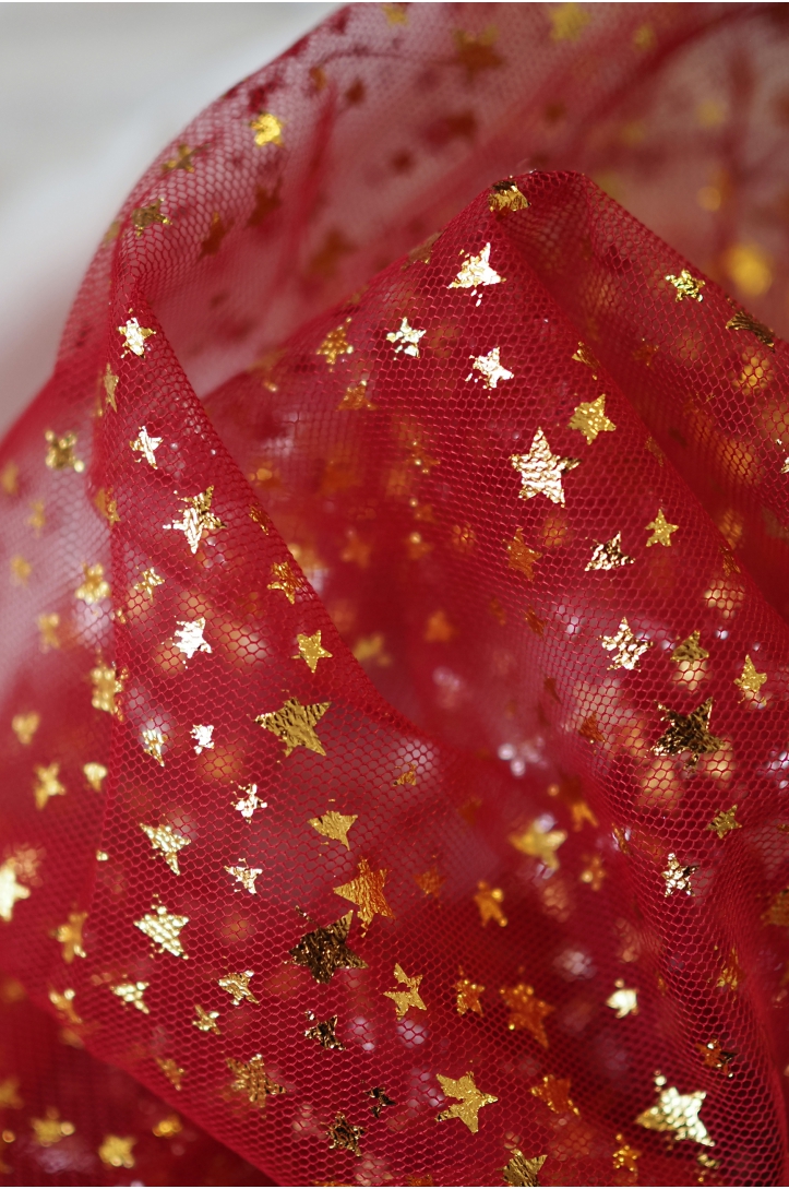 SOFT TULLE WITH STARS T258 RED/GOLD