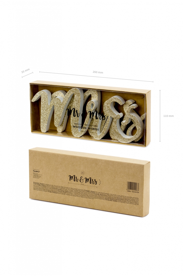 Drewniany napis Mr & Mrs, złoty, 50x10cm